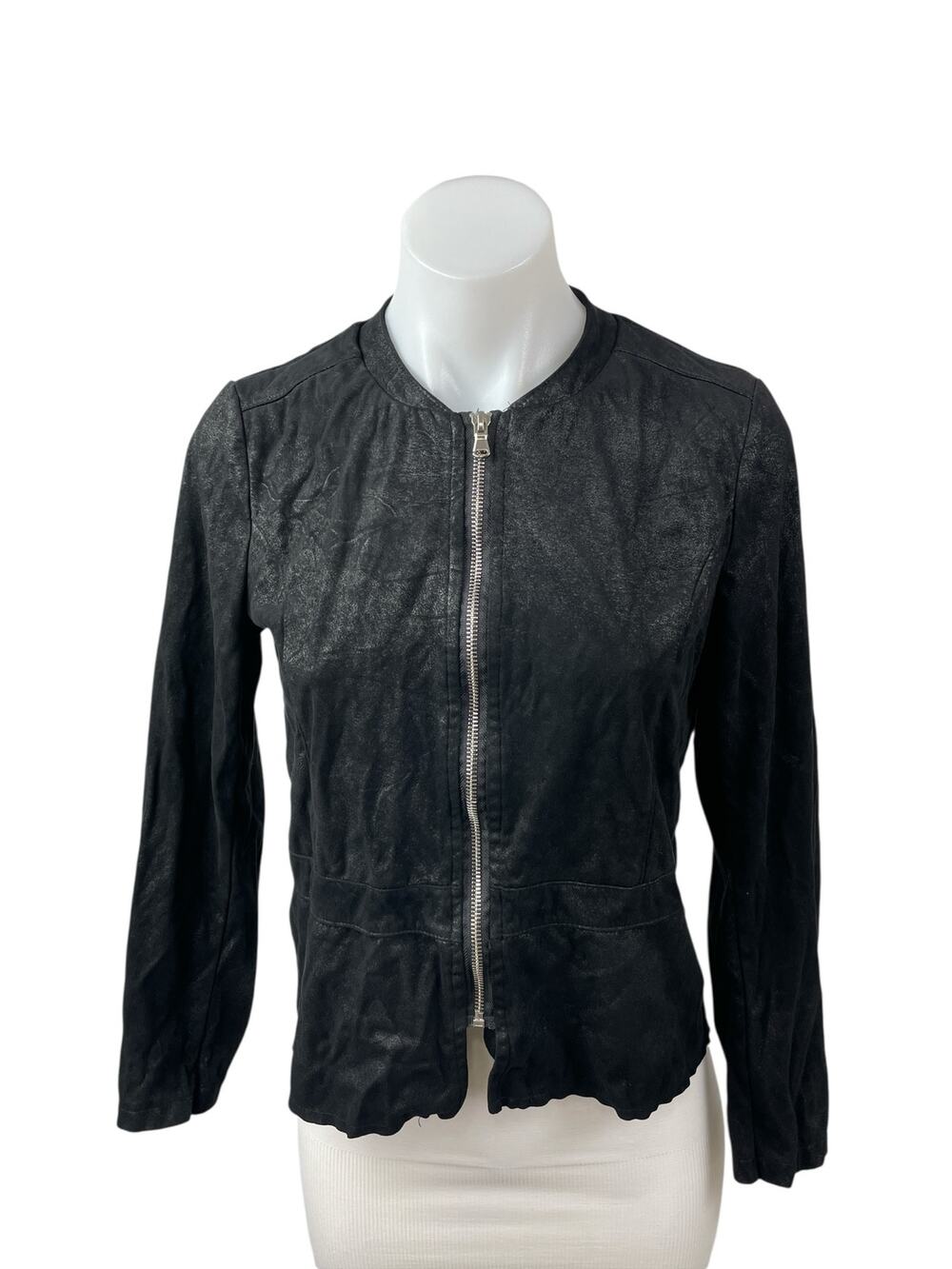 My-D Women's Black Faux Vegan Leather Zip Up Long Sleeve Coat Jacket Top Size S